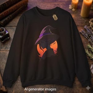 Witch Silhouette Halloween Sweatshirt | Witch Hat Moon Crewneck