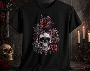T-shirt Tête de mort et roses rouges | T-shirt gothique Tête de mort et roses