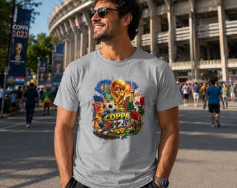 T-shirt de football avec trophée de la Coupe du Monde 2026 | Drapeaux de football, design de ballon de football