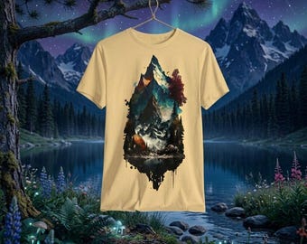 T-shirt motif éclaboussures d'encre paysage de montagne | Scène naturelle de lac et de forêt