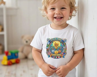 T-shirt bébé avec ballon de football et mascotte de la Coupe du Monde | Emblème coloré du tournoi de football