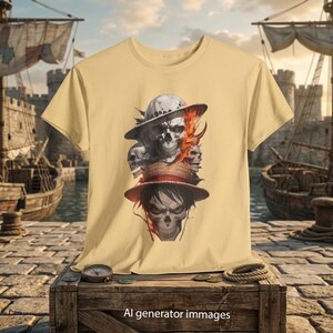 Może przedstawiać: Jasnobeżowy t-shirt z nadrukiem graficznym przedstawiającym dwie czaszki w kapeluszach ułożone jedna na drugiej. Górna czaszka ma na sobie biały kapelusz w ciemne kropki, a dolna słomkowy kapelusz z czerwoną opaską oraz pomarańczowe płomienie.