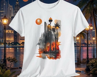T-shirt « Silhouette de ville du désert » | Palmiers, silhouette de coucher de soleil, architecture du Moyen-Orient
