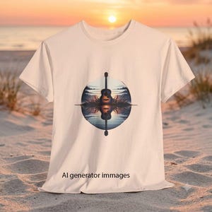 Può includere: Una t-shirt beige chiaro con una grafica circolare sul petto. La grafica raffigura la silhouette di una chitarra acustica al centro di un paesaggio al tramonto sull'acqua, creando un riflesso specchiato. Il testo AI generator immages è stampato in basso.