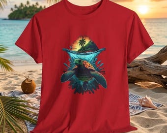 T-shirt Tortues marines et surf | Vagues de l'océan au coucher du soleil sur une île