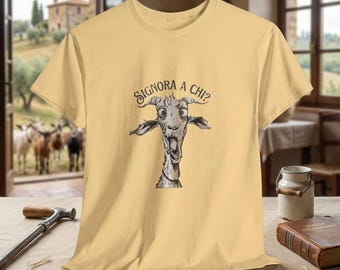 T-shirt avec illustration de chèvre « Dame à qui ? » | T-shirt humoristique avec phrase italienne