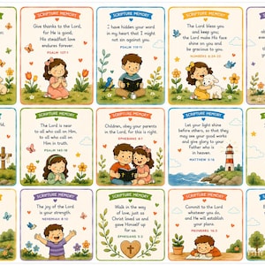 May include: A set of fifteen rectangular scripture memory cards featuring colorful illustrations of children, animals, and nature scenes. Each card includes a unique Bible verse, the text Scripture Memory, and a decorative border with small hearts.