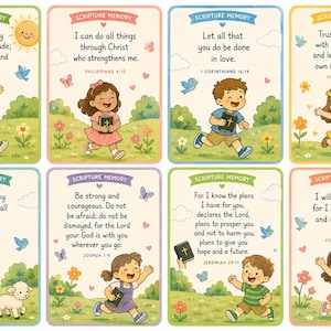 May include: A set of eight rectangular scripture memory cards featuring colorful illustrations of children in outdoor settings with flowers, birds, and butterflies. Each card displays a Bible verse, a title banner, and a small book icon.