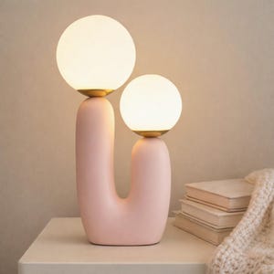 Pink Double Globe Table Lamp Modern Aesthetic Bedside Lamp Resin Base Decorative Light for Bedroom Living Room Home Decor