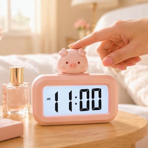 May include: A pink digital alarm clock with a pig-shaped top. The clock displays the time as 11:00 AM in a bold, black font. The clock is set on a wooden table, with a bottle of perfume in the background.
