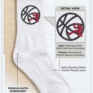 May include: A white crew sock featuring an embroidered logo of a dark gray basketball outline with a red silhouette of a person jumping inside. The design includes text labels: DETAIL VIEW: EMBROIDERED CUFF LOGO, Logo: Meticulous Satin Stitch Machine Embroidery, Feature: Dimensional Thread Texture and Sheen, Satin Stitching Detail, Tactile Thread Luster, and PREMIUM SATIN EMBROIDERY.