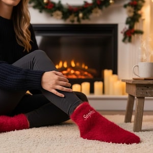 May include: A cozy scene featuring red fuzzy socks embroidered with "Sophia", a navy blue sweater, and gray leggings. A cup of coffee steams on a small wooden table near a fireplace with lit candles and a Christmas garland.