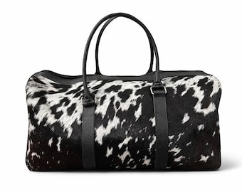 Bolsa de viaje HairOn de piel de vaca en blanco y negro / Bolsa de fin de semana de cuero hecha a mano