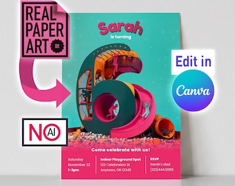 Uitnodiging voor een 6e verjaardag | Bewerkbare Canva-sjabloon | Printbare digitale uitnodiging