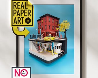 3D-kunstprint van een uitgesneden papieren stadsgezicht | Illustratie van het stadsleven in de metro (digitale download)