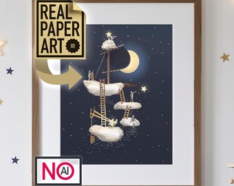 Sterrenzeilers Kinderkamerdecoratie | Wolkenschip Illustratie van papier (Digitale download)