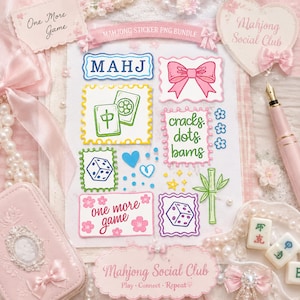 Könnte beinhalten: Eine Sammlung von pinkfarbenen und weißen Mahjong-Stickern mit Würfeln, Spielsteinen und dem Text "MAHJ". Die Sticker sind auf einem hellrosa Hintergrund mit dekorativen Elementen wie Schleifen und Perlen angeordnet. Der Satz "One More Game" ist ebenfalls sichtbar.