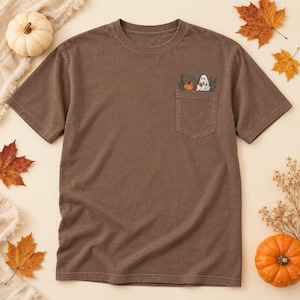 Sudadera con bolsillo bordada con calabaza y fantasma de la cosecha de otoño, camiseta personalizada, ropa de campo de calabazas, otoño, cosecha, camiseta de algodón