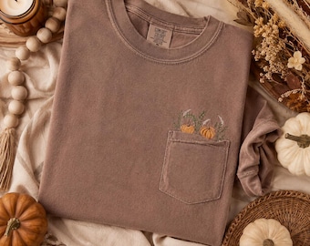 Fall Harvest Pumpkins Embroidered Pocket Pullover Shirt