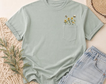 Pullover Bee and Sunflower pocket Embroidered Shirt