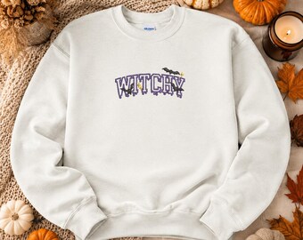 Witchy Halloween Themed Embroidered Pullover Sweatshirt