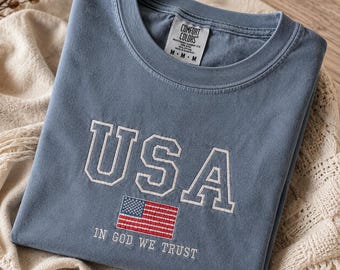 USA Flag Pullover In God We Trust Embroidered Shirt