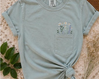 Pullover Spring Flower pocket Embroidered Shirt