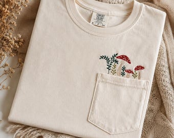 Pullover Mushroom Forest pocket Embroidered Shirt