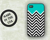 Chevron Iphone case - Black and tiffany blue chevron - Iphone 4 cover, Iphone 5 case (9862)