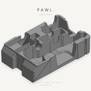 May include: A grey plastic storage insert with molded compartments for organizing tools. The text PAWL. INSERT ONLY is printed at the top, and FITS PACKOUT-COMPATIBLE BOXES LOCKED IN is printed at the bottom of this structured storage tray.