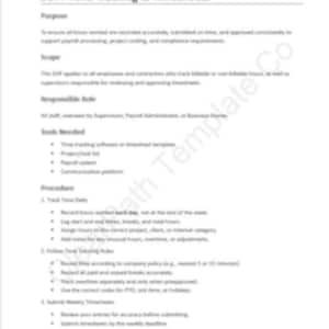 May include: A white document titled "SOP: Time Tracking & Timesheets". The document outlines the purpose, scope, responsible roles, tools needed, and procedure for time tracking. Text is black on a white background.