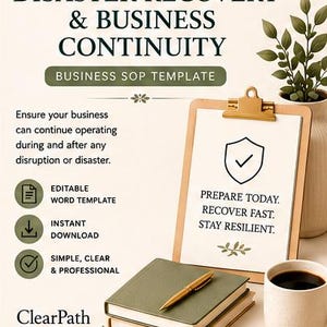 Op de afbeelding: Een digitaal documentsjabloon getiteld Disaster Recovery & Business Continuity Business SOP Template. Het bevat een klembord met een schildpictogram en de tekst Prepare Today. Recover Fast. Stay Resilient. Inclusief een pen op twee op elkaar gestapelde notitieboekjes.