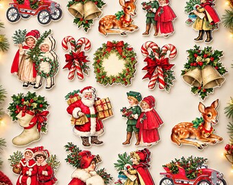 May include: A collection of vintage-style Christmas die-cut stickers featuring illustrations of Santa Claus, children in winter clothing, reindeer, red automobiles, candy canes, holly wreaths, and gold bells on a light background.