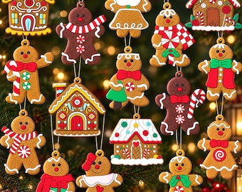 May include: A collection of hanging Christmas ornaments featuring gingerbread people and gingerbread houses. The figures are decorated with colorful icing, scarves, bows, and candy motifs, suspended by gold strings against a blurred tree.