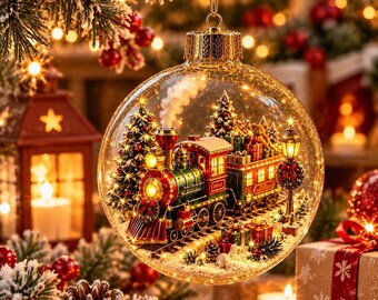 May include: A clear spherical Christmas ornament containing a miniature scene of a red and green steam train with a smoking chimney, surrounded by pine trees, wrapped gifts, and a street lamp, all illuminated by warm internal fairy lights.