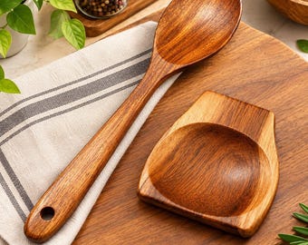 May include: A polished wooden spoon with a circular hole at the end of the handle and a matching wooden spoon rest with a smooth, concave center. Both items feature a rich, warm brown wood grain pattern and a glossy finish for kitchen use.