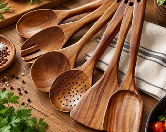 May include: A set of five dark brown wooden kitchen utensils including a solid spoon, a slotted spoon, a fork, a skimmer with small circular holes, and a flat spatula, all featuring long handles with circular holes at the ends for hanging.