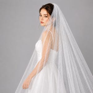 Pode incluir: Um longo véu de noiva branco e transparente, feito de tule fino com um acabamento de glitter subtil em toda a superfície que capta a luz. O véu é drapeado sobre a cabeça e os ombros, caindo numa silhueta suave e fluida.
