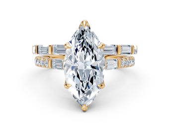 Brudset med Marquise Lab-diamanter, förlovningsring med 2 karat Lab-diamanter och baguettevigselring, brudset med 14 karat VVS E-F-diamanter i guld, unikt brudset