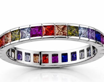 Regnbågsevighetsring, fyrkantig flerfärgad CZ-ring, regnbågsring i sterlingsilver, stapelbar ring med kubisk zirkonia, färgglad minimalistisk ring