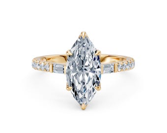 2CT Marquise diamantförlovningsring, dold gloria, 14K gult guld, baguette och runda accentdiamanter, unik marquisering, förlovningsring