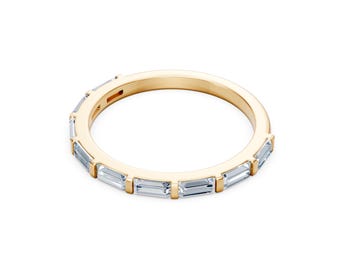 Vigselring i 14 karat guld med baguette-diamanter, 1 karat VVS E-F-diamanter, stapelbar minimalistisk ring