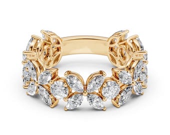 Specialdesignad diamantring i 14 karat guld, 3+ karat runda diamanter och markisdiamanter, uttalande blommigt armband, värderade fina smycken
