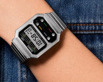 Modifierad Casio Vintage-klocka A100WE-1A Specialgraverad, Modifierad Personlig Digitalklocka Lasergraverad, Present Retro Minimalistisk Klocka