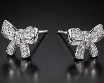 Örhängen med rosett i 925 sterlingsilver, glittrande bandörhängen, eleganta örhängen för vardagsbruk, present till henne