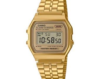 Casio vintageklocka, specialgraverad A158WETG-9AV, guldfärgad, personlig digitalklocka, modifierad, lasergraverad, present, minimalistisk retroklocka