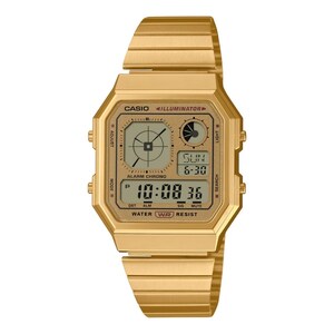 May include: A gold-toned Casio digital watch with a rectangular face and matching band. The watch face displays the time, date, and other functions. The watch has buttons for adjustment, mode, light, and search. The watch is water resistant.