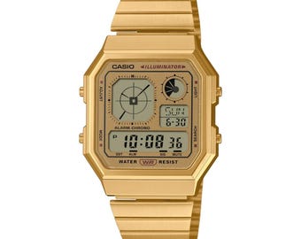 Casio Vintage-klocka, specialgraverad A130WEG-9A, guldfärgad, personlig digitalklocka, modifierad, lasergraverad, present, retro minimalistisk klocka