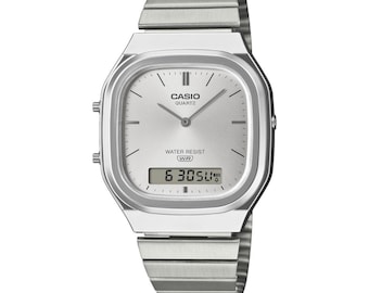 Modded CASIO WATCH VINTAGE AQ240E-7A, Custom Engraved Modded Digital Watch, Retro Silver Tone Ana-Digi Watch Personalized Gift For Him & Her