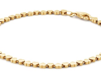 14K hjärtarmband i gult guld, armband med hjärtlänkar i massivt guld, elegant guldarmband, minimalistiska hjärtsmycken, present till henne